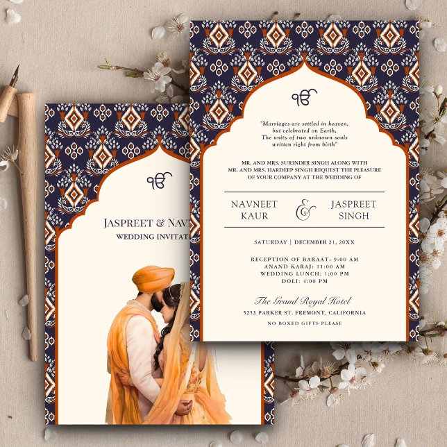Orange Elfenbensfärgad Ikat Punjabi Anand Karaj Si Inbjudningar (Skapare uppladdad)