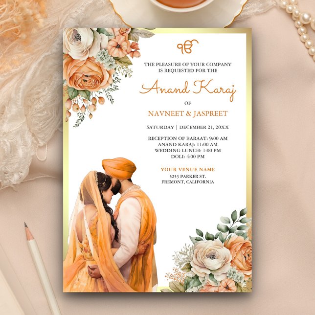 Orange Elfenbensfärgade Blommiga Anand Karaj Sikh  Inbjudningar (Skapare uppladdad)