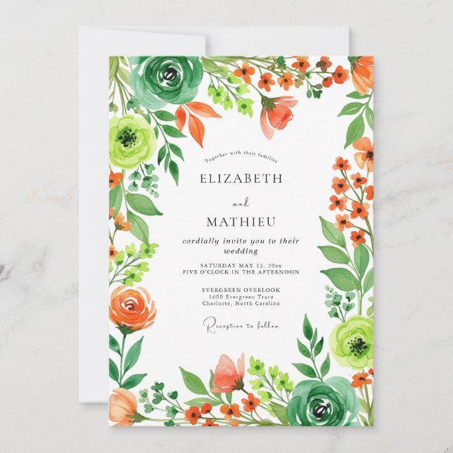 Orange Emerald Green Sparkling Spring Wedding Inbjudningar (Framsida)