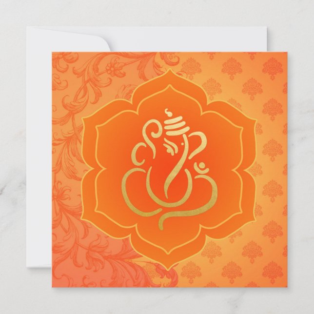 Orange Ethnic Damask Guld Ganesh Indian Bröllop Inbjudningar (Framsida)