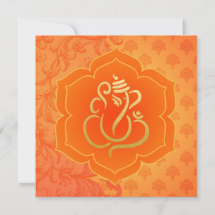 Orange Ethnic Damask Guld Ganesh Indian Bröllop Inbjudningar