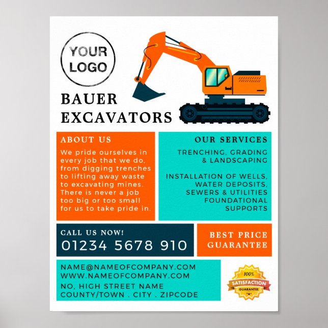 Orange Excavator, byggannonsering Poster (Framsidan)