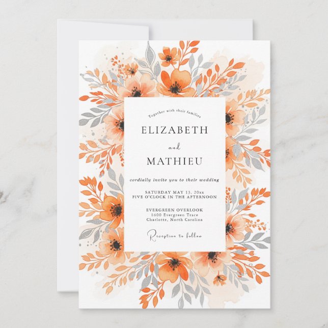 Orange Exquisite Watercolor Wedding Inbjudningar (Framsida)