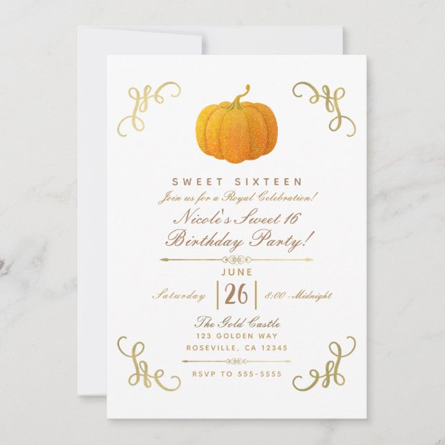 Orange Fall Autumn Glitter Pumpkin Sweet 16 Party Inbjudningar (Framsida)