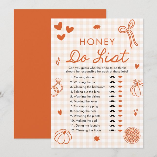 Orange Fall Honey Do List Bröllopsduschspel Inbjudningar (Fram/baksida)