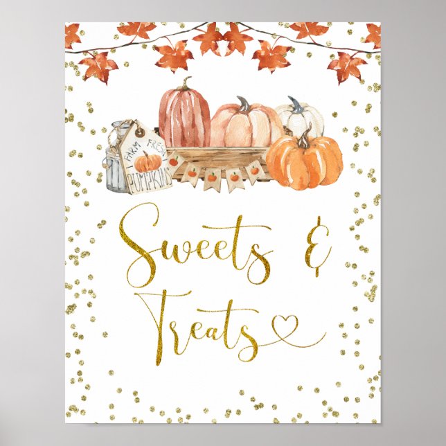 Orange Fall Pumpkin Patch Birthday Sweets & Trets Poster (Framsidan)