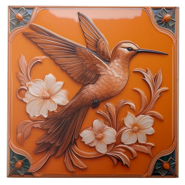 Orange faux relief Art Nouveau Hummingbird R Kakelplatta (Framsidan)