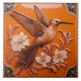 Orange faux relief Art Nouveau kolibri R Kakelplatta