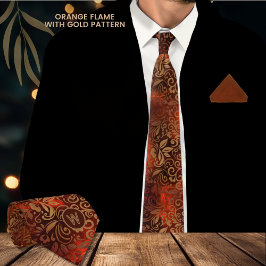 Orange Flame Necktie med Guld Blommönster Slips