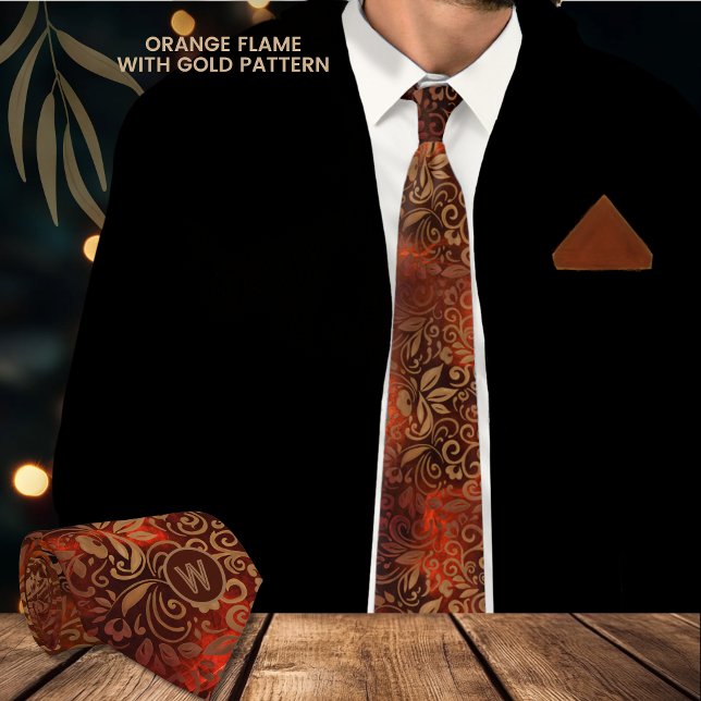 Orange Flame Necktie med Guld Blommönster Slips (Orange Flame Necktie with Gold Floral Pattern )