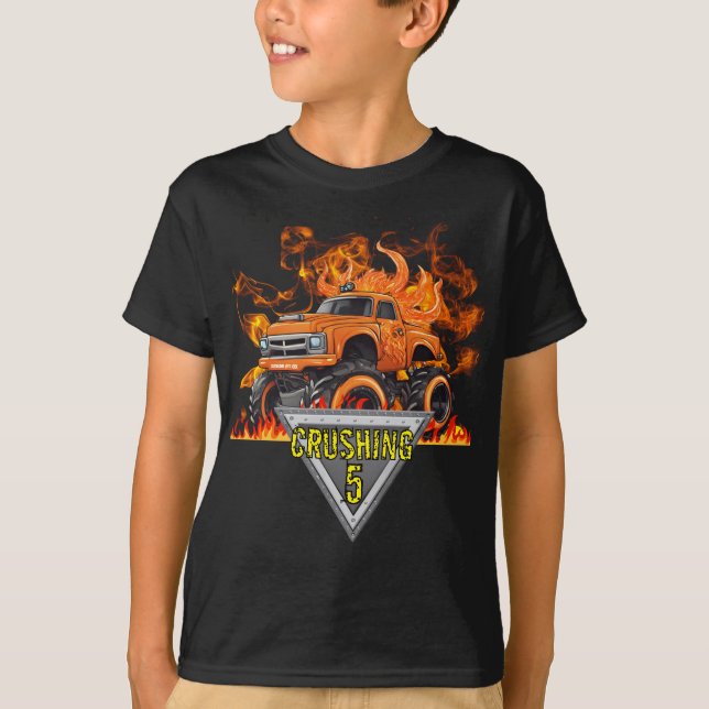 Orange Flames Monster Lastbil Barn T-Shirt (Framsida)