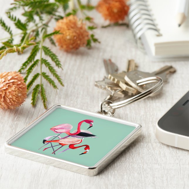 Orange flamingo vattenfärgsfågelart fyrkantig silverfärgad nyckelring (Sidan)