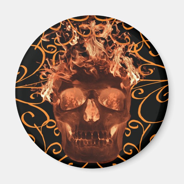 Orange Flammande Dödskalle Magnet (Framsidan)