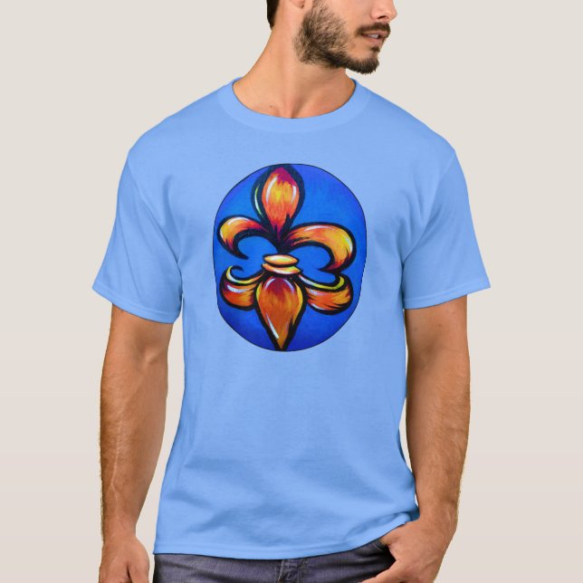 Orange Fleur de Lis mot blå bakgrund T Shirt (Framsida)