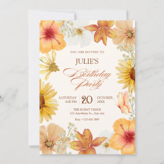 Orange floral birthday inbjudningar