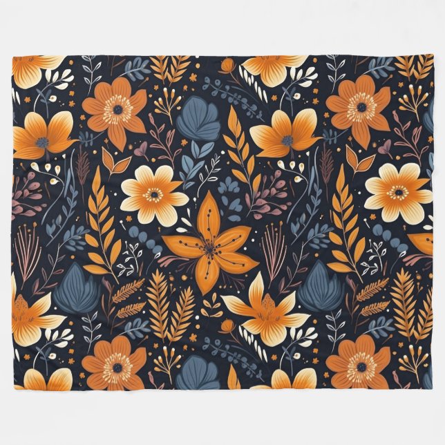 Orange Floral Boho Autumn Fall Black Fleecefilt (Framsidan (Horisontell))