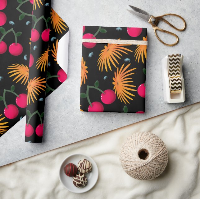 Orange Floral Cherry Pattern Presentpapper (Hantverk)