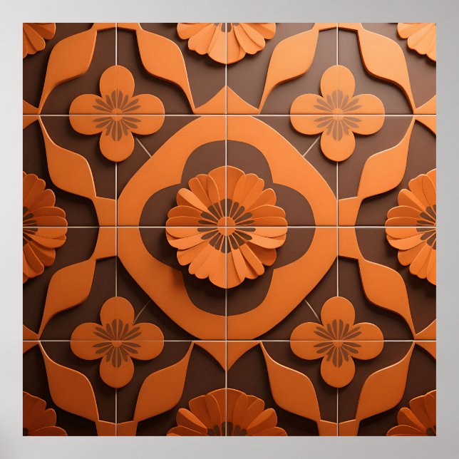 Orange Floral Medallion Geometric Tile Pattern Poster (Framsidan)