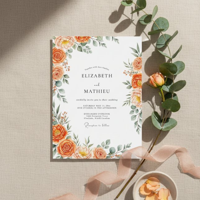 Orange Floral Painterly Flourish Wedding Inbjudningar (Skapare uppladdad)