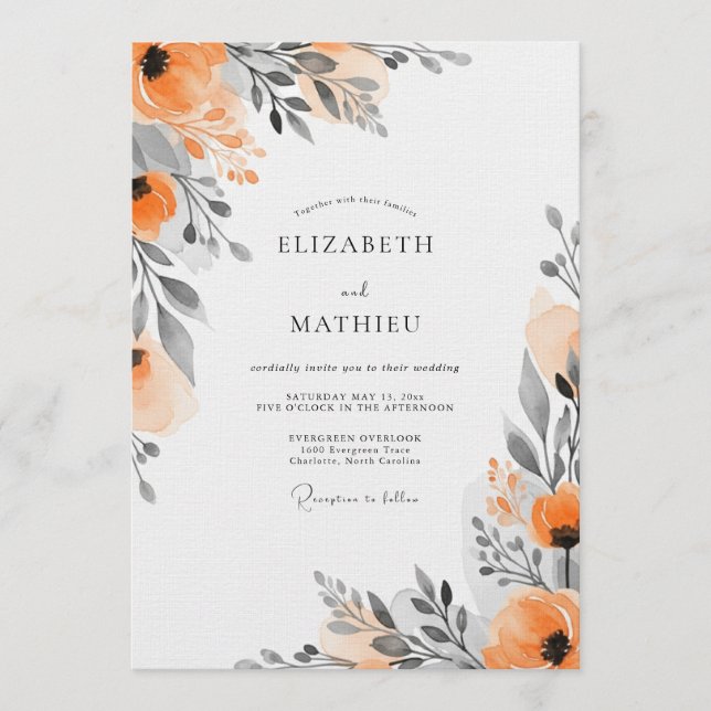 Orange Floral Painterly Wedding Inbjudningar (Framsida)