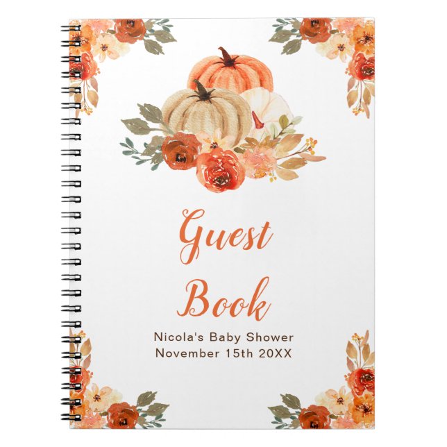 Orange Floral Pumpkin Baby Shower Guest Book Anteckningsbok (Framsidan)