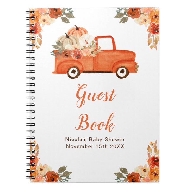 Orange Floral Pumpkin Truck Baby Shower Guest Book Anteckningsbok (Framsidan)