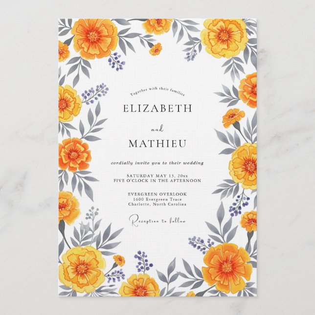 Orange Floral Whimsy Wedding Inbjudningar (Framsida)