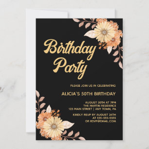 Orange Flower Botanical Guld Black Birthday Inbjudningar