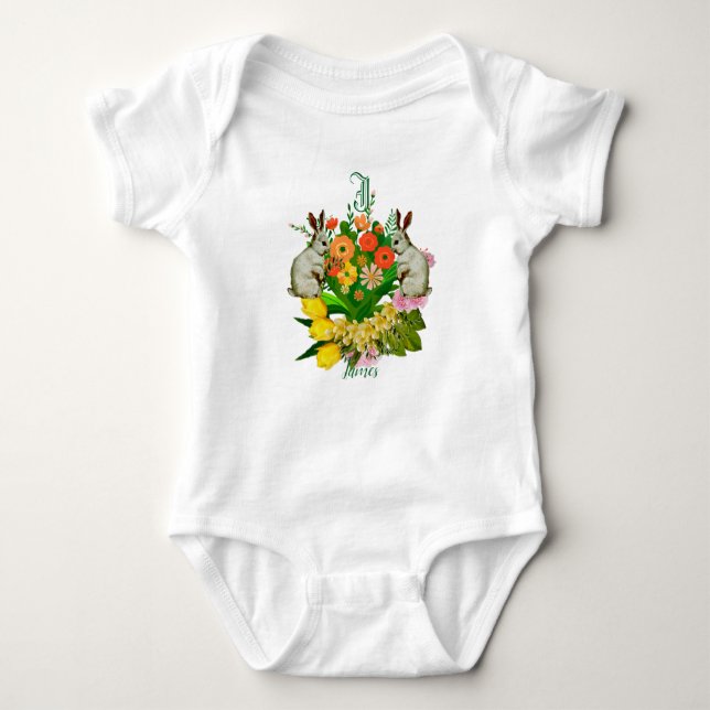 Orange Flower Bouquet Påskhare Monogram Anpassning T Shirt (Framsida)