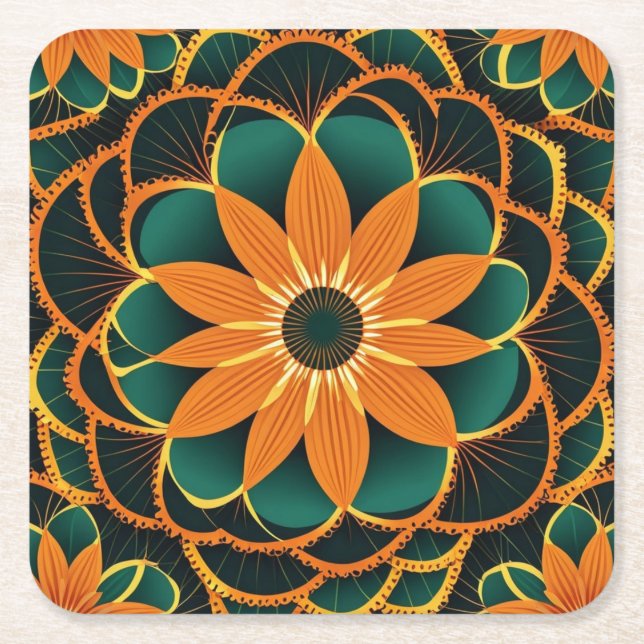 Orange Flower Kaleidoscope Underlägg Papper Kvadrat (Framsidan)