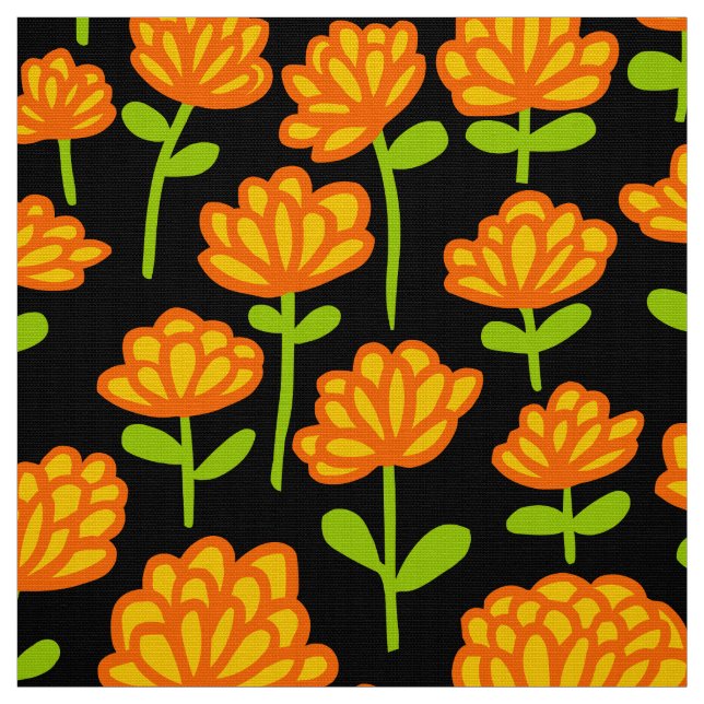 Orange Flower Mönster 240515 - på svart Tyg (Provkarta)