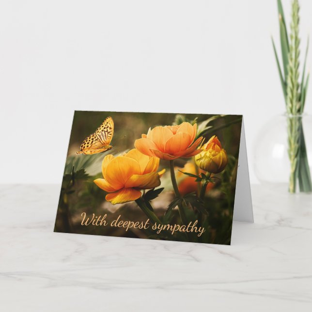 Orange Flowers and Butterfly Condolence Card Kort (Framsida)