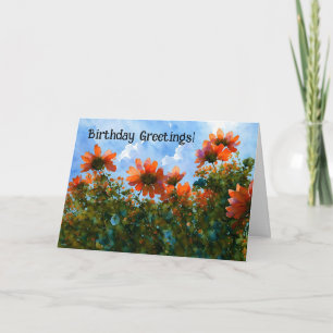 Orange Flowers Blommigt Art Birthday Card Kort