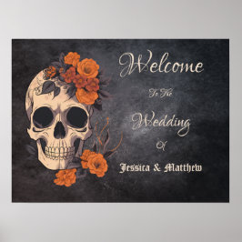 Orange Flowers Blommigt Skull Elegant bröllop Poster