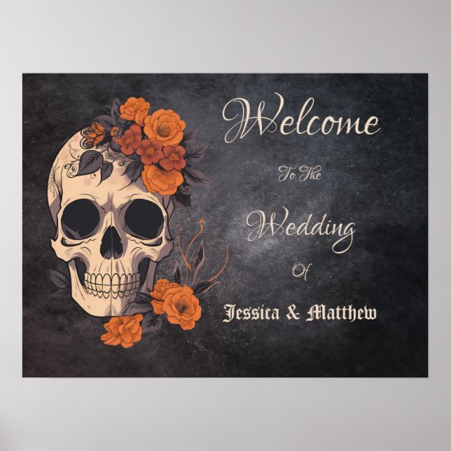 Orange Flowers Blommigt Skull Elegant bröllop Poster (Framsidan)