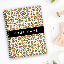 Orange Flowers, Blommönster, Boho, ditt namn Anteckningsbok