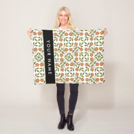 Orange Flowers, Blommönster, Boho, ditt namn Fleecefilt