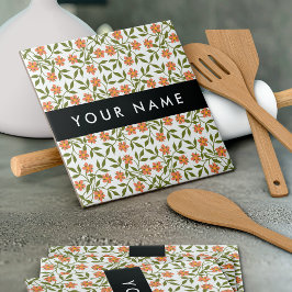 Orange Flowers, Blommönster, Boho, ditt namn Kakelplatta