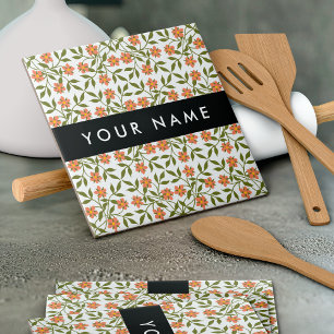 Orange Flowers, Blommönster, Boho, ditt namn Kakelplatta
