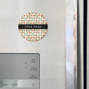 Orange Flowers, Blommönster, Boho, ditt namn Magnet