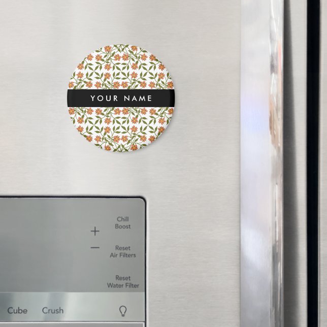 Orange Flowers, Blommönster, Boho, ditt namn Magnet (In Situ (Fridge))