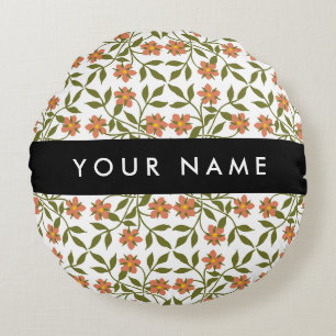 Orange Flowers, Blommönster, Boho, ditt namn Rund Kudde