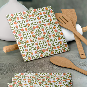 Orange Flowers, Blommönster, Greenery, Boho Kakelplatta