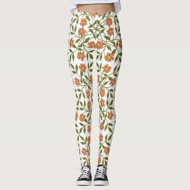 Orange Flowers, Blommönster, Greenery, Boho Leggings (Framsida)