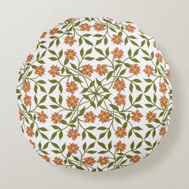 Orange Flowers, Blommönster, Greenery, Boho Rund Kudde (Framsidan)