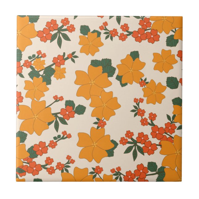 Orange Flowers, Blommönster, Mönster av blommor Kakelplatta (Framsidan)