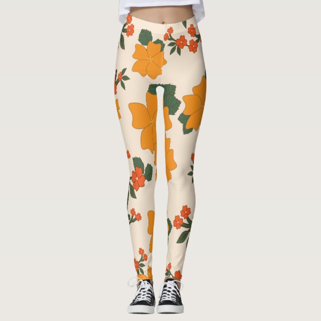 Orange Flowers, Blommönster, Mönster av blommor Leggings (Framsida)
