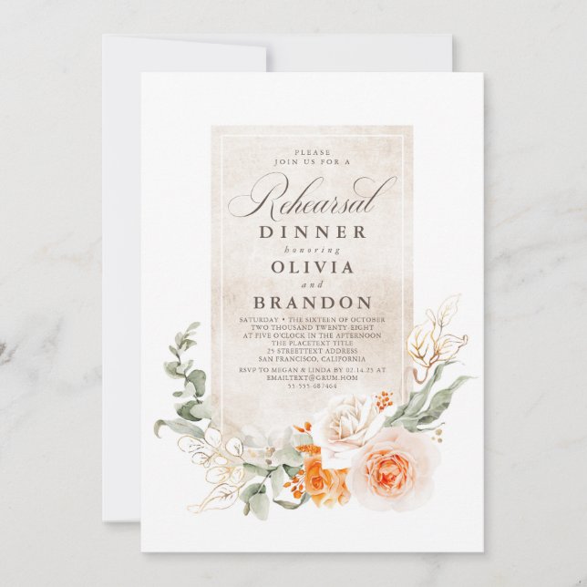 Orange Flowers Boho Elegant Rehearsal Middag Inbjudningar (Framsida)