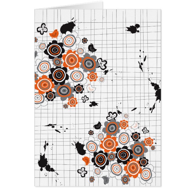Orange Flowers Chicks Grunge Bläck Blots Doodles K Hälsningskort (Framsidan)