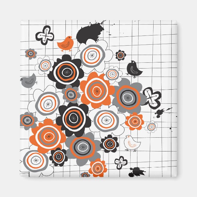 Orange Flowers Chicks Grunge Bläck Blots Doodles K Magnet (Framsidan)